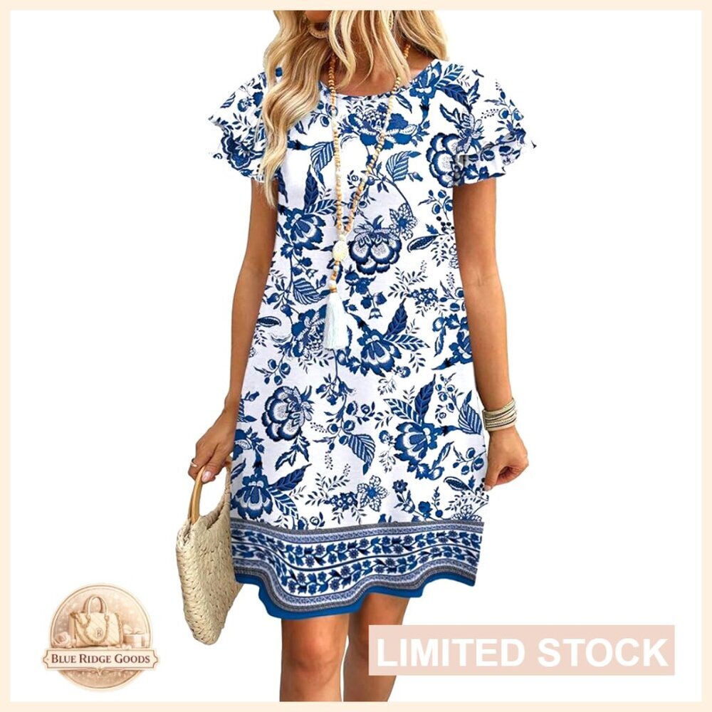 Ruffle Sleeve Swing Sundress Loose Fit Casual Summer Dress with Pockets